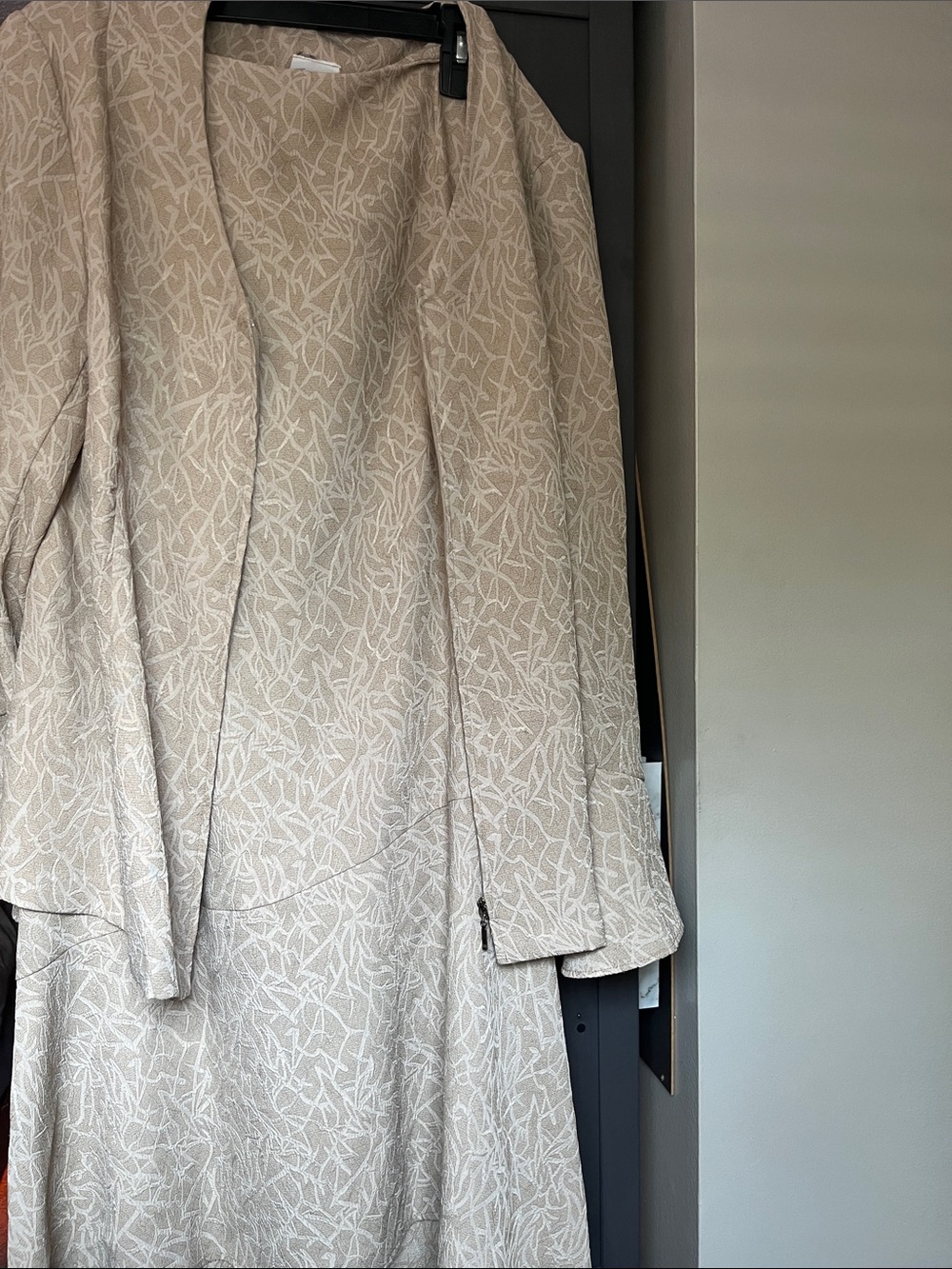 Light Beige Patterned Long Duster Jacket with matching skirt.